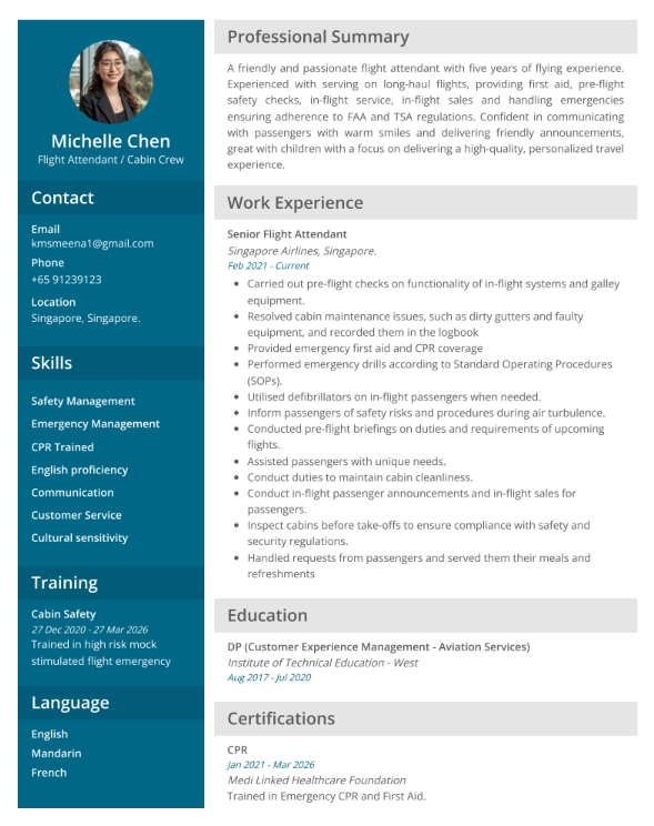 Cabin Crew / Air Hostess Resume Sample
