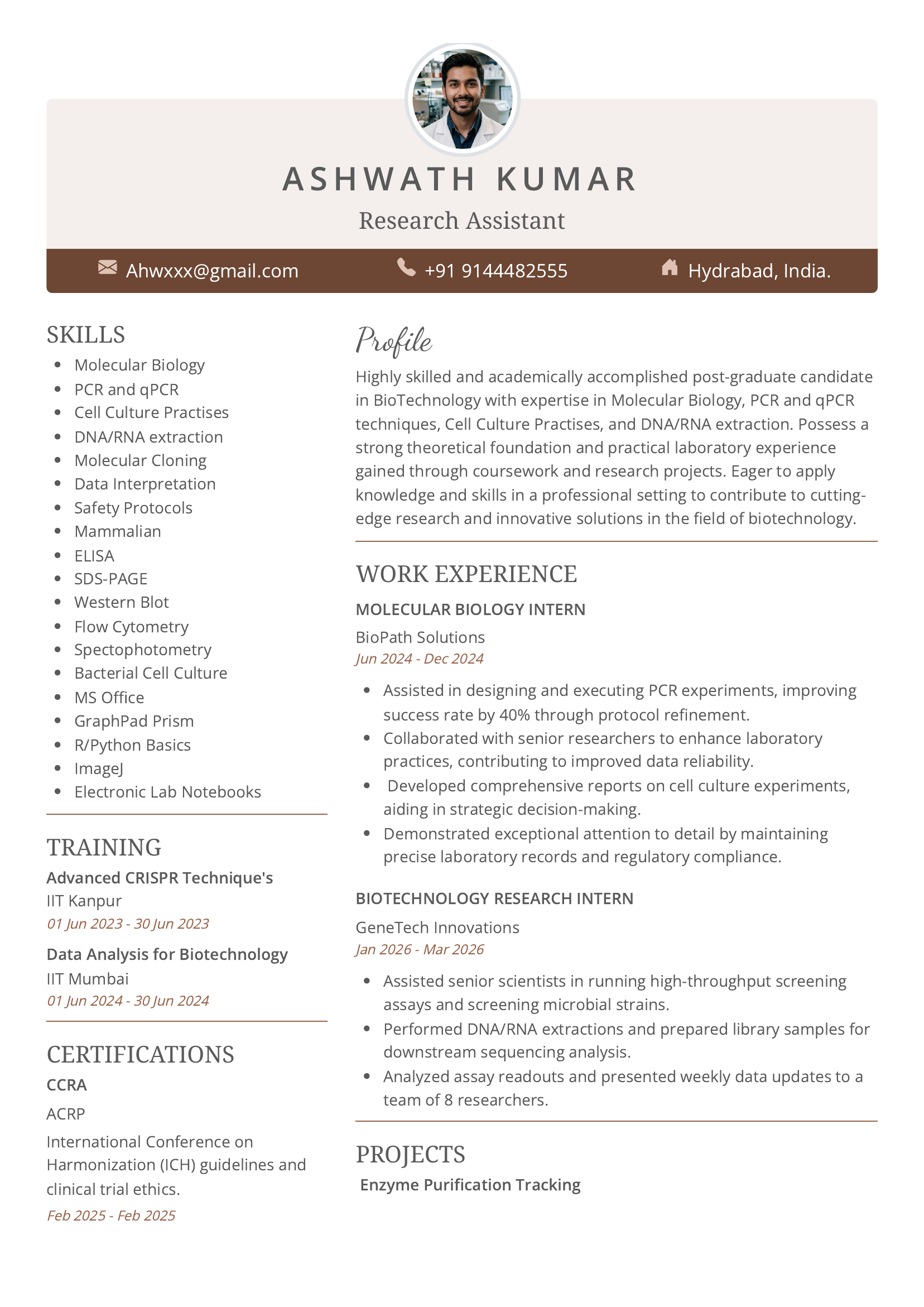 Bio Technology Resume Sample